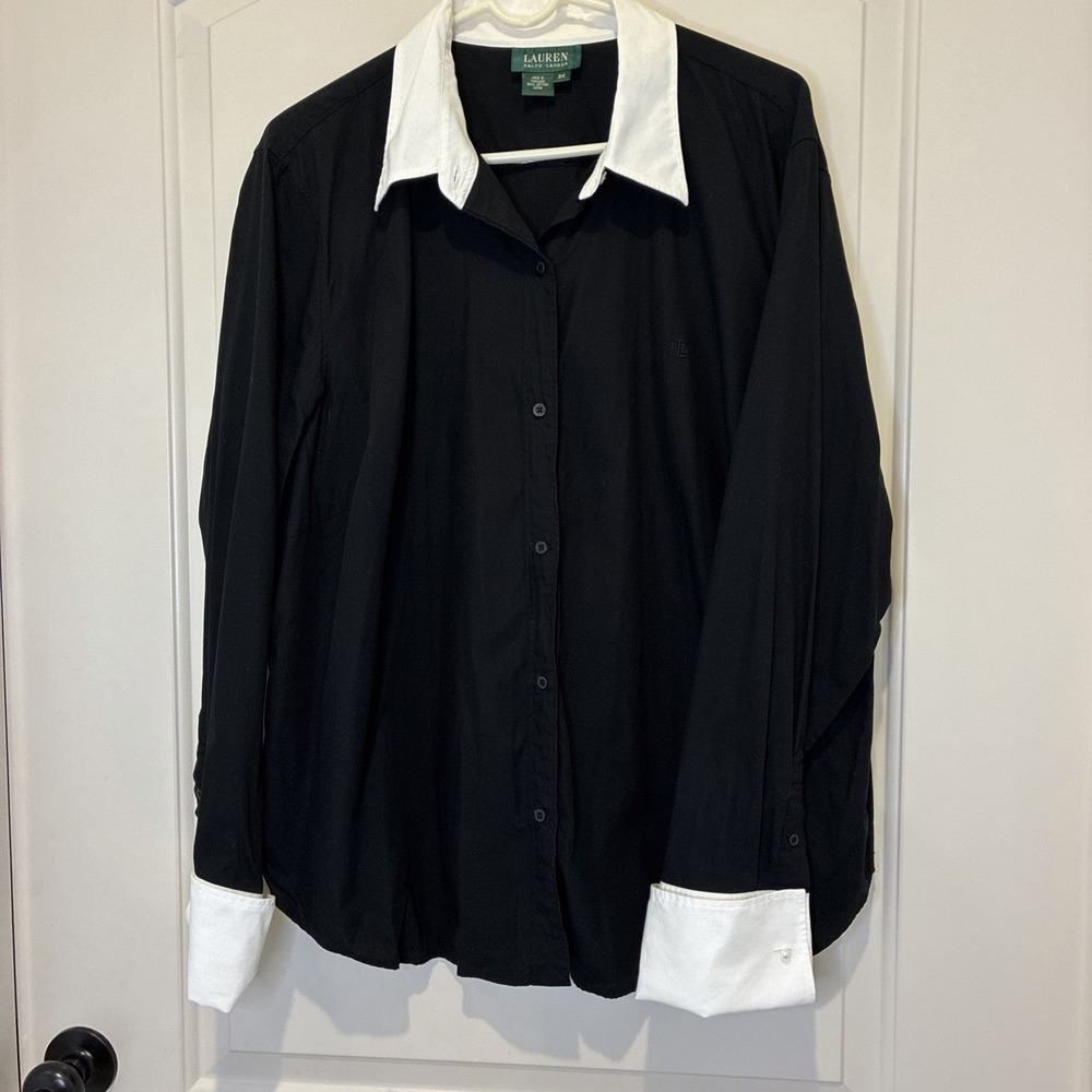 Lauren Ralph Lauren Womens 3X Black White French Cuff Cotton Button Down Shirt